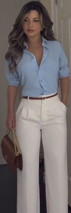 Luxury Job Aesthetic, European Professional Outfits, Blue Interview Outfit Women, Blue Outfit Ideas Classy, Office Business Casual Outfits For Women, Pastor Wife Outfits, Blue Slacks Outfit Women, Elegant Jeans Outfit Classy, Pear Shaped Body Outfits Casual