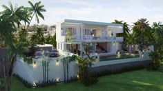 this is an artist's rendering of a modern house in the palm trees and grass