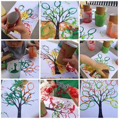 the process of painting a tree with different colors and shapes, including paint on paper