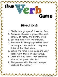 the verb game with words and pictures on it