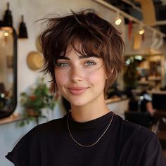 24 Best Ways to Have Feathered Bangs Right Now "bixie" Haircut 2022 Back View, Haircut Short Hair With Bangs, Pixie Bob Haircut With Bangs, Straight Hair Short Hairstyles, Womens Mullet, Pixie Hairstyles With Bangs, Short Shag With Bangs, Green Hairstyles