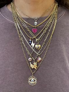 New and Vintage Charms and Chains- Evil Eye, Cat, Hearts,Skull... BH Unicorn Neck Stack Inspo Gold Necklace Stack, Jewelry Goals, Gold Bracelet Stack, Neck Stack, Necklace Stacking, Jewelry Stack, Jewelry Closet, Gold Bracelets Stacked