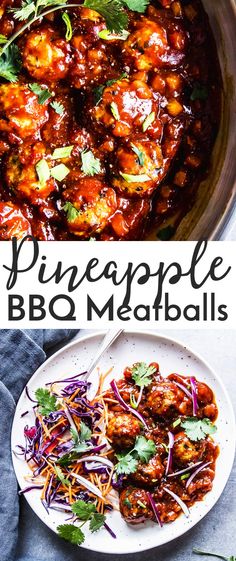 two pictures with different types of meatballs in them and the words pineapple bbq meatballs