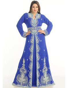 Women Royal Blue Georgette Hand Zari Embroidery Kaftan Takchita, Silver, Georgette, Handmade, Royal Blue, Royal Blue, Kaftans, XS, S, M, L, XL, 2XL, 3XL, 4XL, 5XL, 6XL, 7XL:Arabic Attire Intricate Embroidery Kaftan For Diwali Party, Festive Blue Abaya For Party, Festive Blue Party Abaya, Traditional Blue Embroidered Floor-length Dress, Bollywood Style Kaftan With Intricate Embroidery For Party, Embroidered Blue Long Sleeve Abaya, Royal Blue Traditional Wear With Intricate Embroidery For Party, Long Sleeve Embroidered Dress With Zari Work For Eid, Blue Fitted Floor-length Abaya