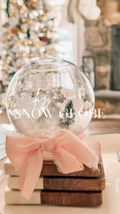 a snow globe sitting on top of a wooden block