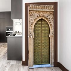 an open door in the middle of a kitchen