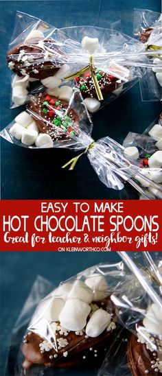 chocolate spoons with marshmallows on them in plastic bags