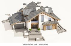 a 3d rendering of a house with an attached garage and steps leading to the front door