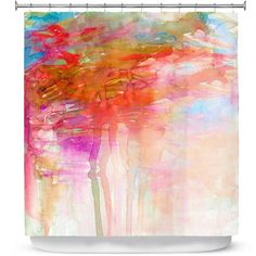 a shower curtain with an abstract painting on it