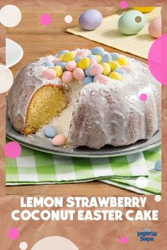 a lemon strawberry coconut easter cake on a plate with the words, lemon strawberry coconut easter cake