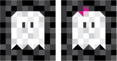 an image of two white ghost heads on black and gray squares with pink arrow in the middle