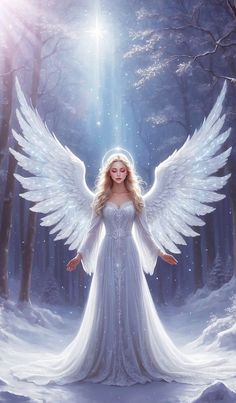 an angel standing in the snow with her wings spread out, surrounded by trees and stars