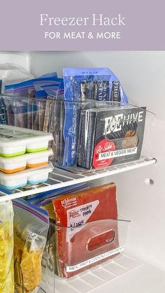 an open refrigerator with food and drinks in the freezer door, labeled freezer hacks for meat & more