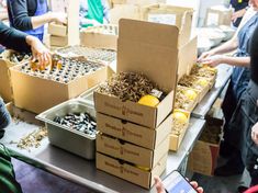 several people standing around boxes with food in them and one person holding a cell phone