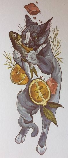 a drawing of a cat with fish and lemons