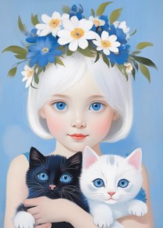 a painting of a girl holding two cats with flowers on her head and blue eyes