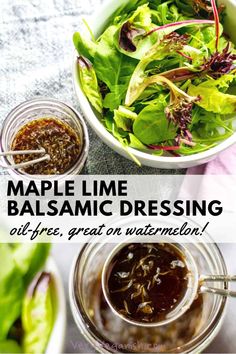 a salad with balsamic dressing in it and the words maple lime balsamic dressing