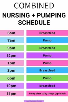 a poster with the words combined nursing and pumping schedule in pink, green, blue, and purple