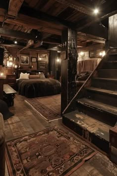 an old fashioned bedroom with stairs leading up to the bed and couches in it