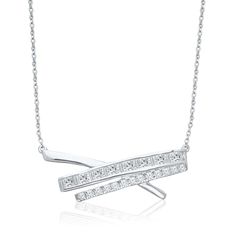 This necklace is crafted from delicate white gold, ending with a pendant formed by three delicate gold bars. The two outer bars are crossed over the inner one, and studded with tiny striking diamond details. Luxury Diamond Bar Necklace For Gift, Modern White Diamond-cut Necklace, Luxury Minimalist Bar Necklace With Diamond Accents, Luxury Elegant Bar Necklace With Single Cut Diamonds, Classic Bar Necklace With Diamond Accents, Diamond Bar Necklace, Diamond Bar, Gold Bar, Stylish Watches