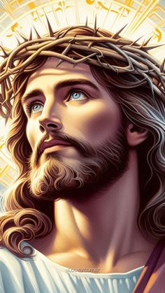 the face of jesus with blue eyes and long hair wearing a crown of gold crosses