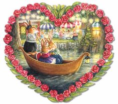 a heart shaped plate with rabbits in a boat and roses on the bottom, surrounded by red roses