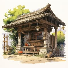 a drawing of a small wooden building with a lantern hanging from it's roof