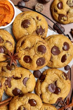 chocolate chip cookies on a plate with cinnamon and anise