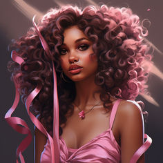 a painting of a woman with curly hair and pink ribbon around her neck, wearing a pink dress