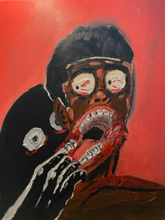 a painting of a man with his mouth open and hands in the air, wearing a mask