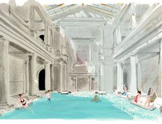 an artistic drawing of people swimming in a pool