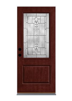 A Therma-Tru door system is engineered with craftsman precision for durability and reliability through the years. Classic Craft® Mahogany Grain is derived from the finest African and Honduran Mahogany, blending rustic influences with exotic roots. Lucerna® decorative glass presents an updated Fleur-de-lis pattern for a new twist on a classic design. A PrismaGuard finish in Mulberry is high-end and low-maintenance, protecting your door from everyday wear and tear backed by a finish warranty of 10 Therma Tru, Fiberglass Door, Storm Door, Decorative Glass, Entry Door, Door Frame, Polyurethane Foam, Entry Doors, Glass Decor