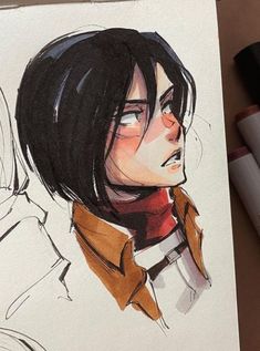 a drawing of a woman with black hair and an orange collar is shown in front of some markers