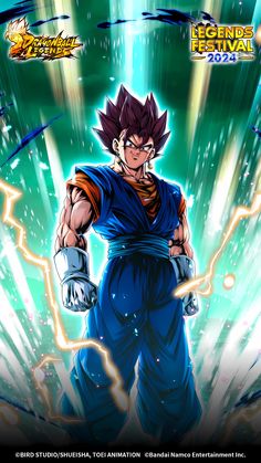 the dragon ball movie poster with gohan in blue and green colors, holding his hands out