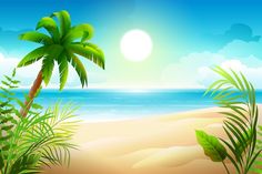 an image of a tropical beach scene with palm trees and the ocean in the background