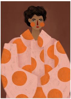 a painting of a woman with orange polka dots on her coat, and an earring