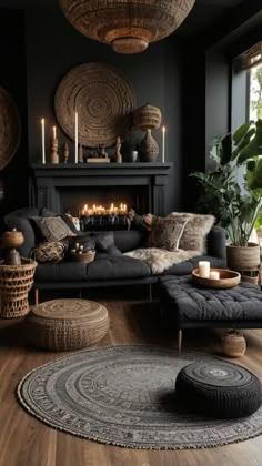 a living room filled with furniture and a fire place in the middle of the room