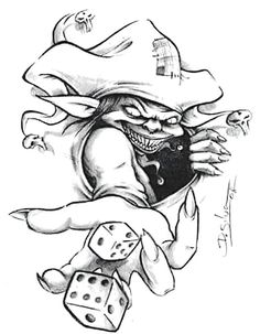 a drawing of a clown holding two dices