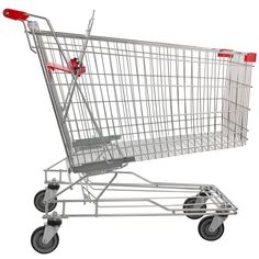 a silver shopping cart with red handles and wheels on an isolated white background 3d rendering