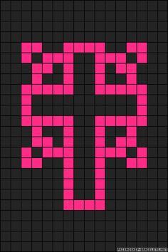 a cross made out of squares in pink and black colors on a dark background with the word