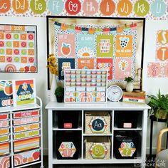 a classroom with lots of colorful wall hangings