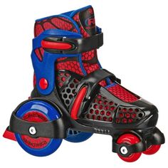 the spiderman roller skate is red, blue and black with two wheels on each side