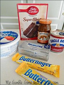 the ingredients for an ice cream cake are displayed on top of a white countertop