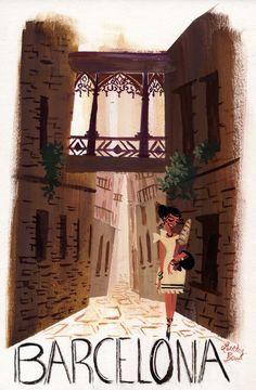 an illustration of a woman standing in front of a window with the word barcelona on it