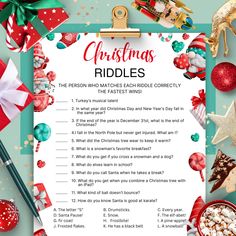 the christmas riddles game is shown with presents around it