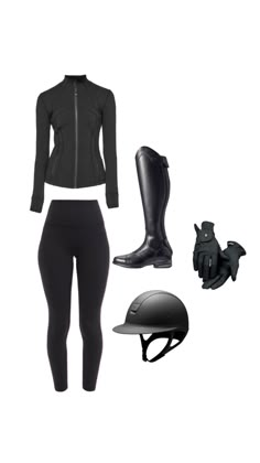 a woman's black outfit with riding boots, helmet and gloves on the side