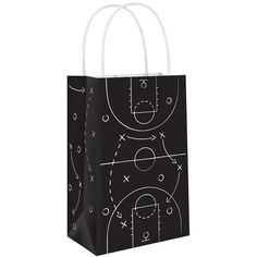 a black shopping bag with white lines and basketballs on the court printed on it