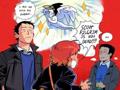 two people are talking to each other in front of an angel and demon comic strip