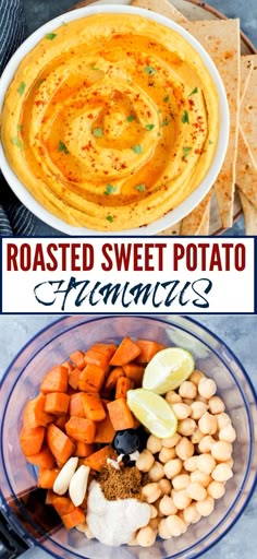 roasted sweet potato and hummush dip in a bowl with pita bread on the side