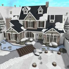 this is an image of a large house in the snow with lots of snow around it